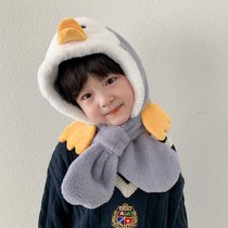 伊格葩莎儿童帽子企鹅宝宝护耳帽男女孩一体帽冬季雪地毛绒保暖围脖小围巾(灰色 1-6岁)