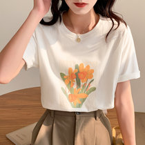 木缘子夕2022新款白色短袖t恤女韩版纯棉复古印花半袖上衣(白色 XL)