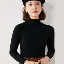 2021秋冬季新款女士半高领针织羊毛衫修身洋气坑条套头毛衣打底衫(黑色 XL)