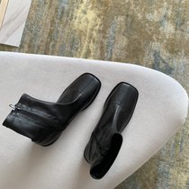 SUNTEK韩版瘦瘦靴女鞋子2021年新款春秋单靴软皮夏季白色平底炸街小短靴(36 黑色侧拉链款{单里})