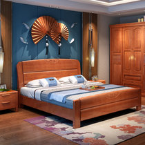 品尚美家 中式实木床 中式雕花 卧室双人大床 简约现代 宜家风格 981(海棠色 单床+2个床头柜)