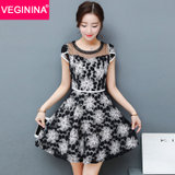 VEGININA 韩版显瘦蕾丝短袖连衣裙 2809(黑色 3XL)