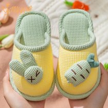 SUNTEK回力儿童卡通可爱棉拖鞋男童女童居家室内地板防滑厚底亚麻布拖鞋(24-25(内长约15.5cm) 黄色萝卜兔(包头款))