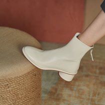 SUNTEK羊皮中跟女靴子2021秋冬季新款女鞋百搭米白色粗跟圆头小短靴(34 米白色（绒里）)