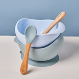 硅胶碗+木勺 儿童辅食碗硅胶吸盘碗汤碗防滑抗摔餐具  婴卫爱妮(淡蓝色)