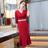 MISS LISA韩版时尚气质中长款V领连衣裙修身大码裙子YWZ8113(红色 S)