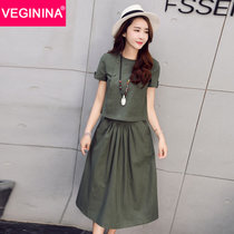 VEGININA 韩版棉麻连衣裙女夏两件套装 9613(军绿色 3XL)