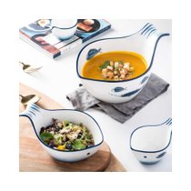 创意鱼形碗小碟子不规则个性日式家用单个汤面手柄碗陶瓷水果沙拉(10.25英寸鱼碗 可做汤碗)