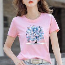 棉 T恤女夏季印花设计感体恤衫修身显瘦上衣韩版女装(雪花大树【粉色】 M)