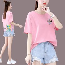 短袖t桖女宽松时尚打底衫今年流行韩版卡通印花上衣(粉红色 XL 115-130斤)