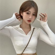 SUNTEK白色T恤女春秋2021新款韩版性感修身露脐打底衫短款百搭长袖上衣(S 白色)