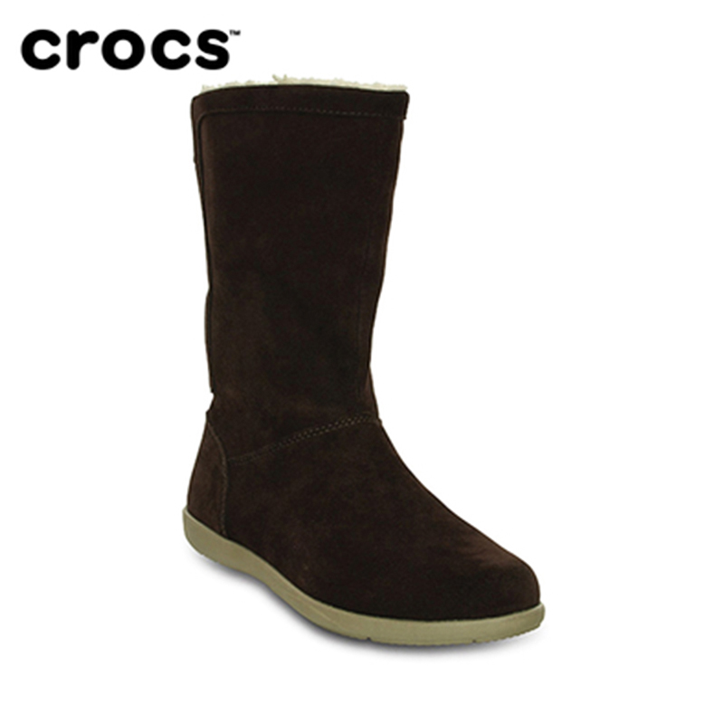 crocs卡骆驰 女士阿黛拉暖绒靴 暖平跟中筒靴保暖棉靴|15496 阿黛拉暖绒靴(红褐/卡其 39)
