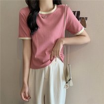 SUNTEKins超火短袖t恤女夏季2022新款修身显瘦短款半袖上衣内搭打底小衫(2XL 粉红色)