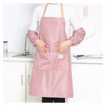 布艺条纹防污围裙 围裙+袖套 韩版家务餐厅两件套厨房围腰罩衣(蓝色 围裙袖套两件套)