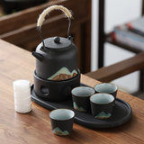 远山茶具 酒精炉蜡烛套装 家用办公复古功夫茶具陶瓷整套带茶盘(黑陶釉画彩)