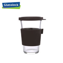 韩国Glasslock原装进口玻璃杯带盖便携透明钢化水杯学生可爱杯随手杯家用耐热(380ml黑色RC107RS)