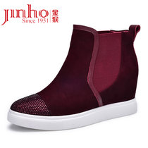 金猴Jinho 时尚套脚内增高女鞋 反绒耐磨高跟女短靴 Q49032A(酒红色 40)
