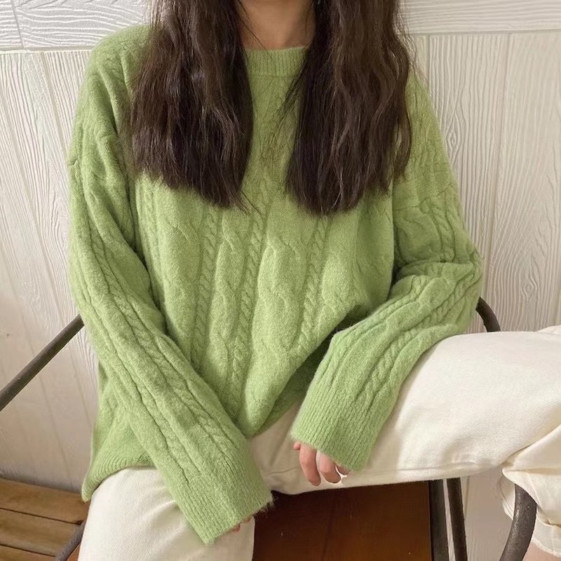 麻花针织衫女2022春季新款韩版网红宽松森系套头毛衣外套2423绿色均码