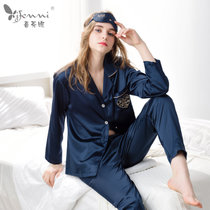 喜芬妮情侣睡衣春秋季长袖两件套薄款开衫丝质家居服套装(1708女士深蓝 S)