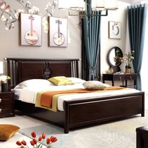 吉木多 新中式全实木床1.5米1.8米双人主卧室床小户型结婚床橡胶木家具(1.8*2米黑檀色 床+床头柜*2)