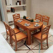 米典实木餐桌椅组合伸缩折叠饭桌圆桌小户型6-10人跳台家用餐桌(海棠色 一桌10椅)