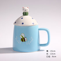 润器 卡通萌物创意儿童早餐牛奶咖啡杯 陶瓷水杯带盖马克杯子包邮(卡通单色个人杯蓝色)