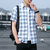 2021夏季男士短袖格子印花衬衫男棉质条纹薄款休闲衬衣(S83蓝色格子 XL)