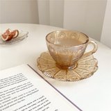 ins风咖啡馆复古浮雕咖啡杯单品拿铁玻璃茶杯套装花茶杯玻璃杯碟(琥珀杯碟套装 默认版本)