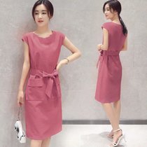 夏装新款女连衣裙韩版圆领时尚百搭修身显瘦中长款透气连衣裙(粉红色 XL)