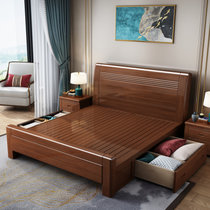 吉木多 胡桃木实木床新中式实木床1.5米，1.8米简约现代高箱储物床双人床(1.5*2米胡桃色 床+床头柜*1)