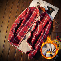 冬季男士保暖衬衫男加绒加厚长袖韩版修身青年格子衬衣男装衣服潮ZW005(红色 L)