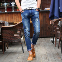 卡郎琪 男士新款韩版修身牛仔长裤青年男破洞长牛仔裤 SLS-9953(牛仔蓝 38)