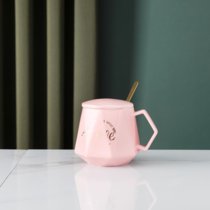 创意陶瓷水杯咖啡杯礼盒套装带盖勺欧式马克杯广告杯(粉色单杯 盖子 勺子（泡沫装）)