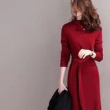 系带连衣裙女2021早秋冬季新款百搭打底收腰显瘦高领开叉针织裙(深红色 S)