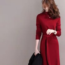 系带连衣裙女2021秋冬季新款百搭打底收腰显瘦高领开叉针织裙(深红色 S)