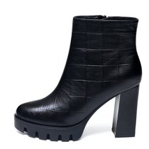 SUNTEK高跟鞋短靴女厚底2021年秋冬季加绒新款女鞋子粗跟防水台靴子(34 黑色（单里）)