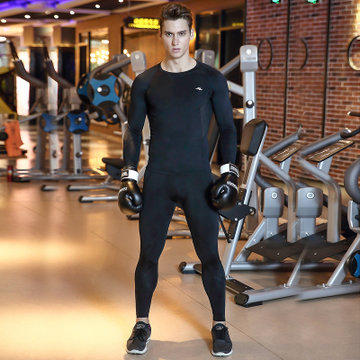 男士速干紧身衣套装长袖跑步压缩服弹力马拉松运动健身服tp1332(黑色 M)