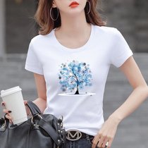 棉 T恤女夏季印花设计感体恤衫修身显瘦上衣韩版女装(雪花大树【白色】 S)