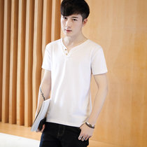 左岸男装 夏季新款男短袖T恤V领纯色青少年韩版修身半袖打底衫潮(白色 L)