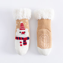 秋冬加绒加厚羊羔绒婴儿冬鞋袜厚袜子防滑保暖珊瑚绒学步地板袜(卡其雪人 M码)