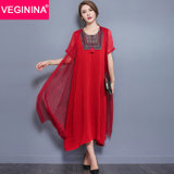 VEGININA 民族风 宽松假两件连衣裙长裙 3008(红色 M)