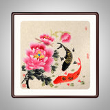 现代中式客厅装饰画斗方字画玄关餐厅壁画(牡丹鱼 带框85*85cm/幅)