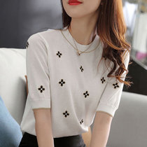 短袖T恤衫女夏季新品韩版时尚小香风圆领气质套头弹力针织衫上衣1122(白色 均码)