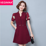 VEGININA V领修身显瘦短袖雪纺印花连衣裙 9512(酒红色 L)