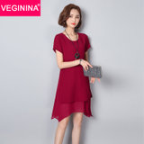 VEGININA 韩版时尚显瘦气质中长款短袖连衣裙 9853(酒红色 3XL)