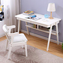 一米色彩 实木电脑桌 白色书桌 家用 纯全橡胶木日式写字台北欧办公桌(升级款/单桌+椅 1.4米/桌+椅)