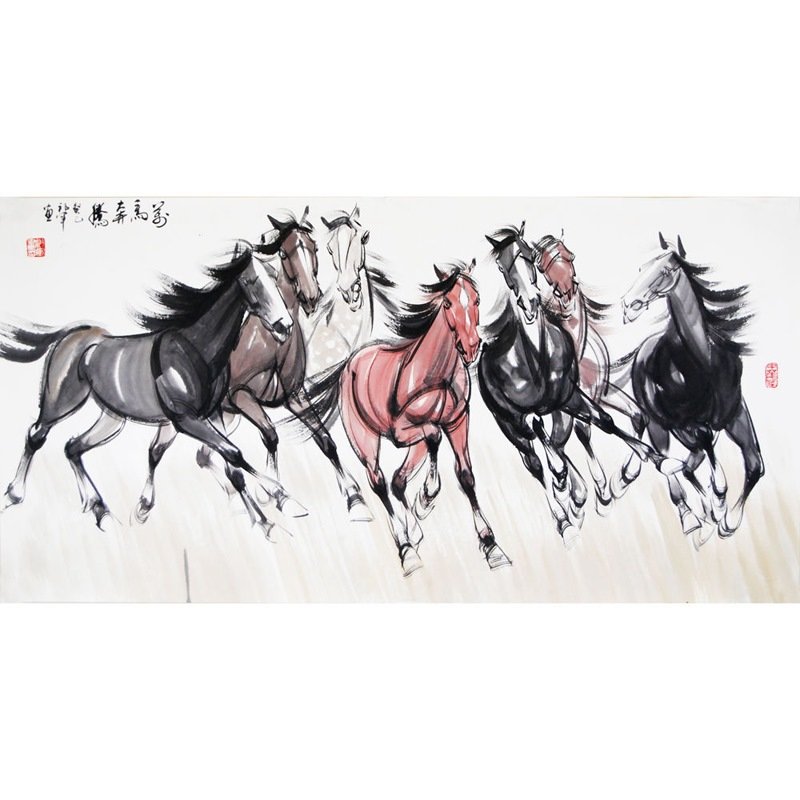 郎军万马奔腾国画花鸟画水墨写意阿郎马横幅