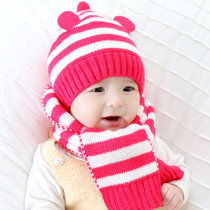婴儿帽子0秋冬3天小孩条纹毛线帽6-12个月宝宝帽子1-2岁儿童男女(玫红色)