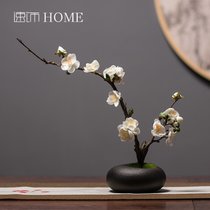 日式禅意白色陶瓷花瓶花艺套装新中式客厅插花装饰仿真腊梅花摆件(黑色花瓶+白色腊梅)