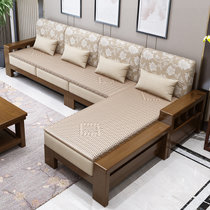 美天乐 新中式实木沙发组合小户型客厅转角贵妃现代简约布艺三人位沙发床(胡桃色 三人位)